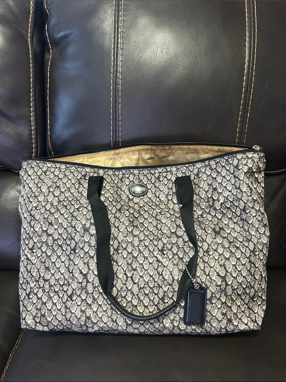 Snake-Print Tote Bag with Black Handles